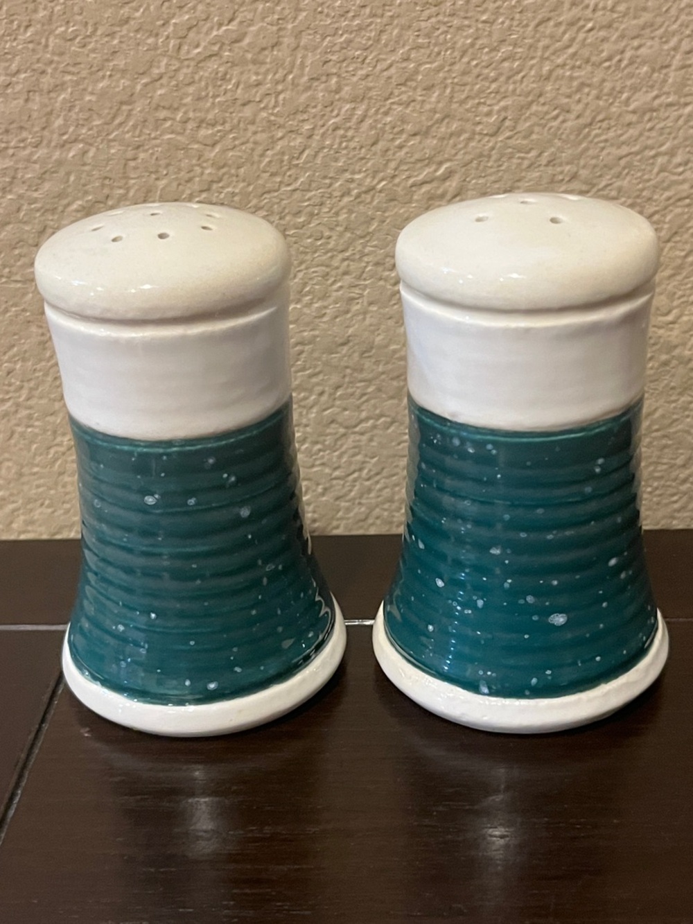 Handcrafted Ceramic Salt and Pepper Shakers — Green Speckled Glazed